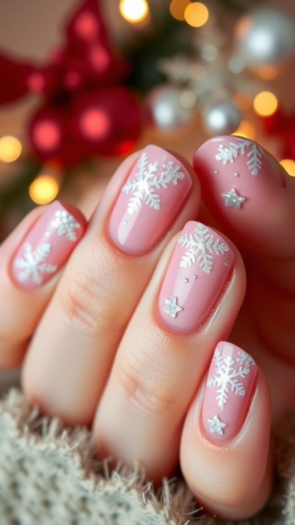 Close-up of pink Christmas nails with snowflake designs and glitter.